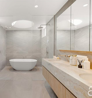Modern bathroom with freestanding bathtub and large mirror.