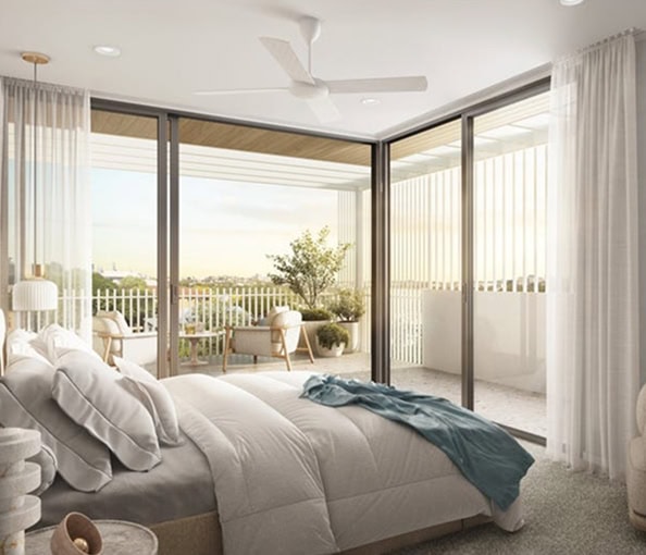 Modern bedroom with large glass sliding doors and balcony view.