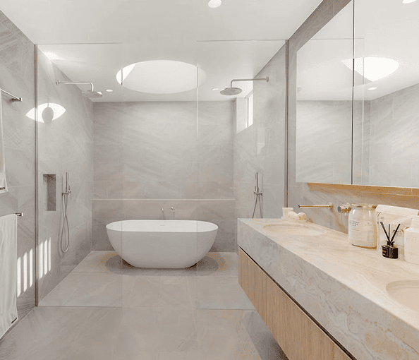 Modern bathroom with a freestanding bathtub and walk-in shower.