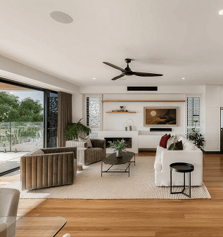 Modern living room with large glass doors, neutral furniture, and wooden flooring.